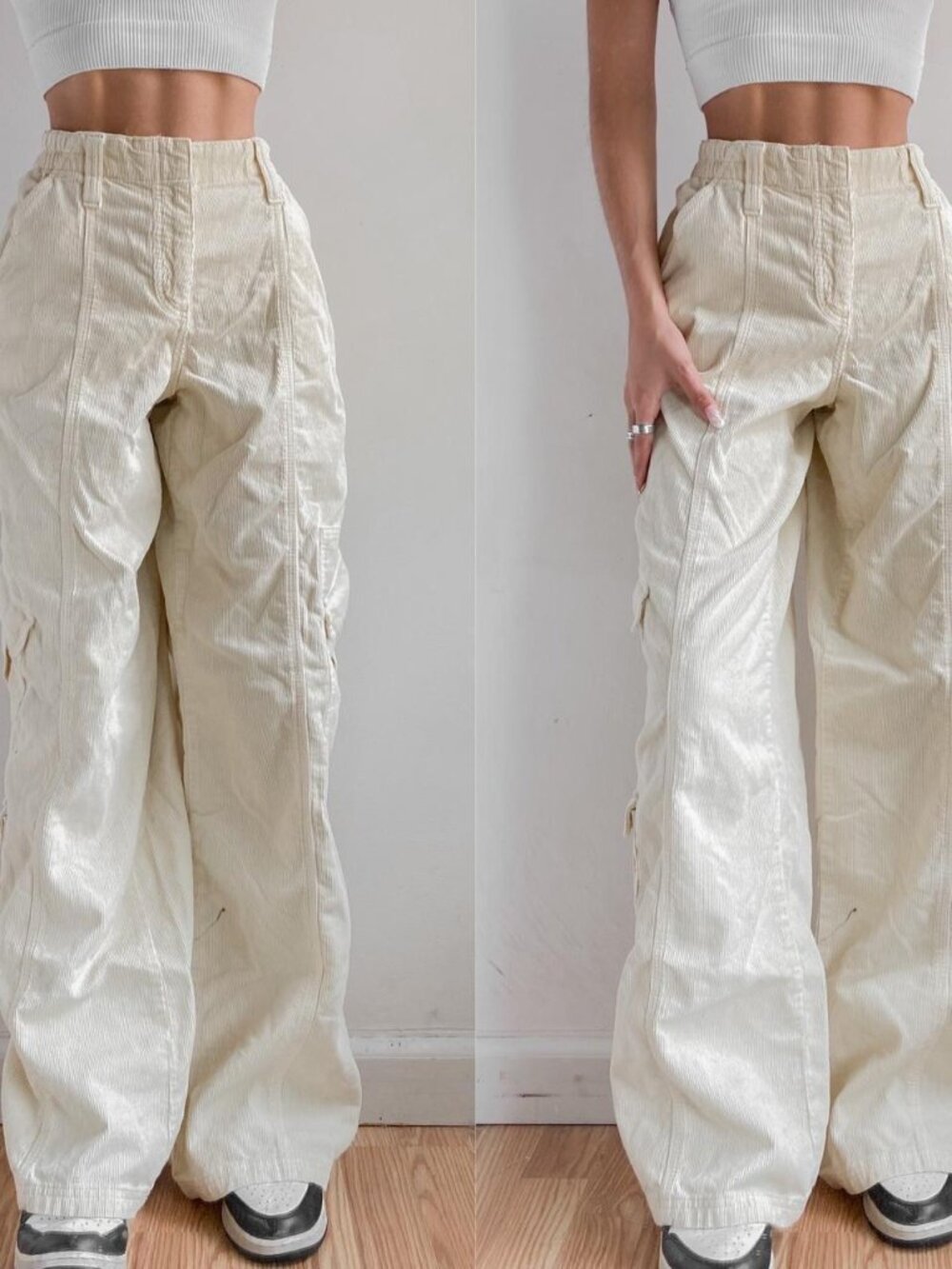 BDG Urban Outfitters Y2K Corduroy Cargo Pants Beige Cream Baggy Wide Leg Size M